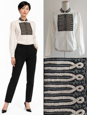 Like New Paul & Joe Embroidered Military-Style White Cotton Women Blouse